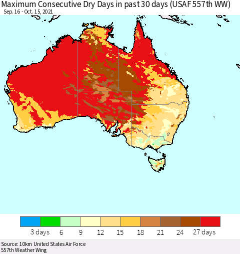 Australia Maximum Consecutive Dry Days in past 30 days (USAF 557th WW) 10/15/2021 Thematic Map For 10/11/2021 - 10/15/2021