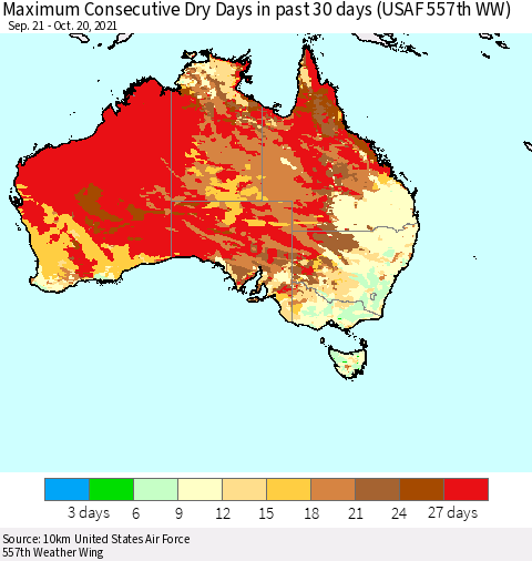 Australia Maximum Consecutive Dry Days in past 30 days (USAF 557th WW) 10/20/2021 Thematic Map For 10/16/2021 - 10/20/2021