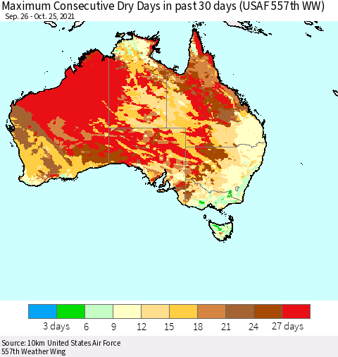 Australia Maximum Consecutive Dry Days in past 30 days (USAF 557th WW) 10/25/2021 Thematic Map For 10/21/2021 - 10/25/2021