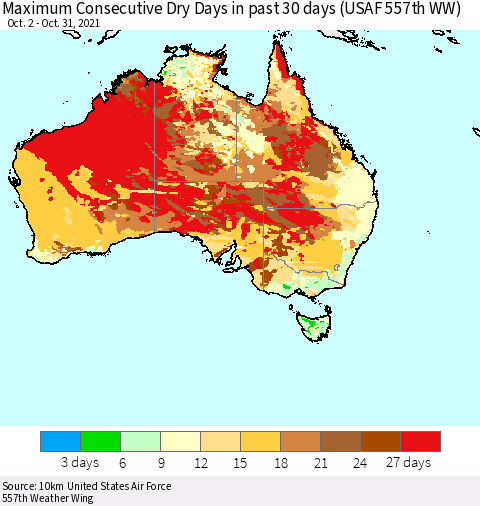 Australia Maximum Consecutive Dry Days in past 30 days (USAF 557th WW) 10/31/2021 Thematic Map For 10/26/2021 - 10/31/2021