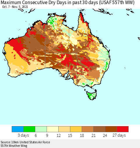 Australia Maximum Consecutive Dry Days in past 30 days (USAF 557th WW) 11/05/2021 Thematic Map For 11/1/2021 - 11/5/2021