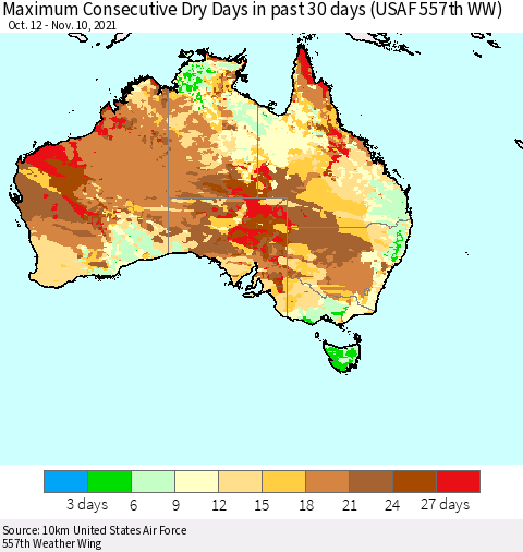 Australia Maximum Consecutive Dry Days in past 30 days (USAF 557th WW) 11/10/2021 Thematic Map For 11/6/2021 - 11/10/2021