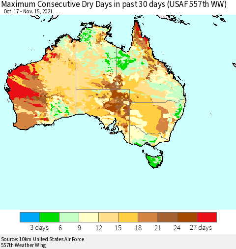 Australia Maximum Consecutive Dry Days in past 30 days (USAF 557th WW) 11/15/2021 Thematic Map For 11/11/2021 - 11/15/2021