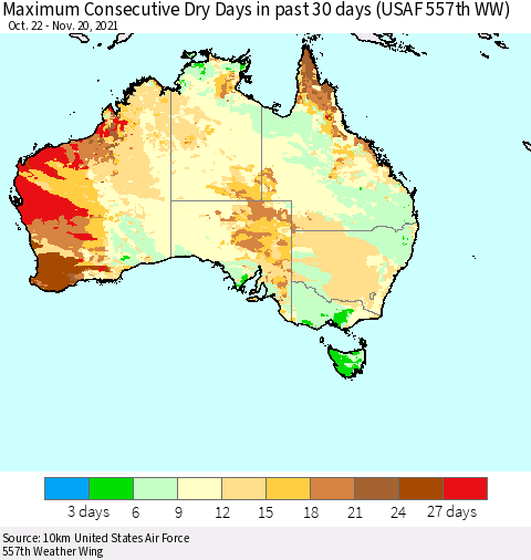 Australia Maximum Consecutive Dry Days in past 30 days (USAF 557th WW) 11/20/2021 Thematic Map For 11/16/2021 - 11/20/2021