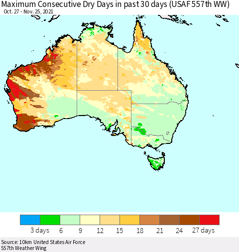 Australia Maximum Consecutive Dry Days in past 30 days (USAF 557th WW) 11/25/2021 Thematic Map For 11/21/2021 - 11/25/2021