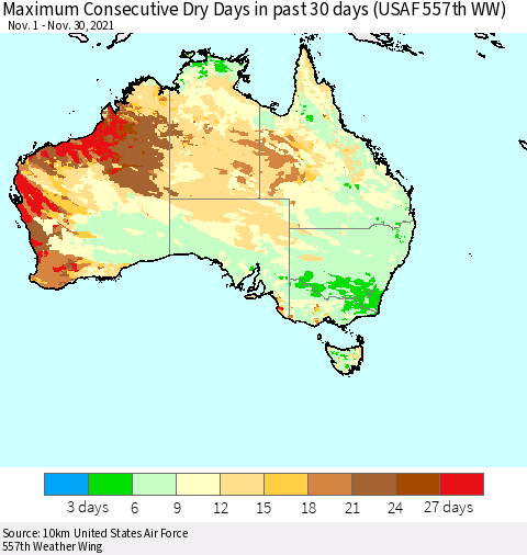 Australia Maximum Consecutive Dry Days in past 30 days (USAF 557th WW) 11/30/2021 Thematic Map For 11/26/2021 - 11/30/2021