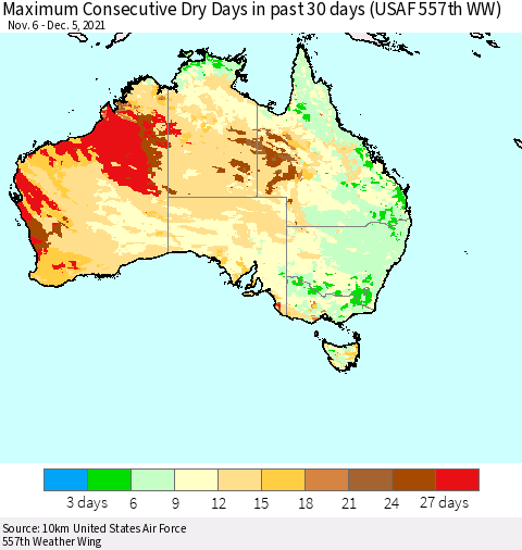 Australia Maximum Consecutive Dry Days in past 30 days (USAF 557th WW) 12/05/2021 Thematic Map For 12/1/2021 - 12/5/2021
