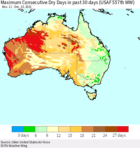 Australia Maximum Consecutive Dry Days in past 30 days (USAF 557th WW) 12/10/2021 Thematic Map For 12/6/2021 - 12/10/2021