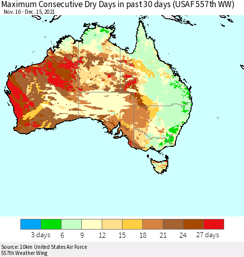 Australia Maximum Consecutive Dry Days in past 30 days (USAF 557th WW) 12/15/2021 Thematic Map For 12/11/2021 - 12/15/2021