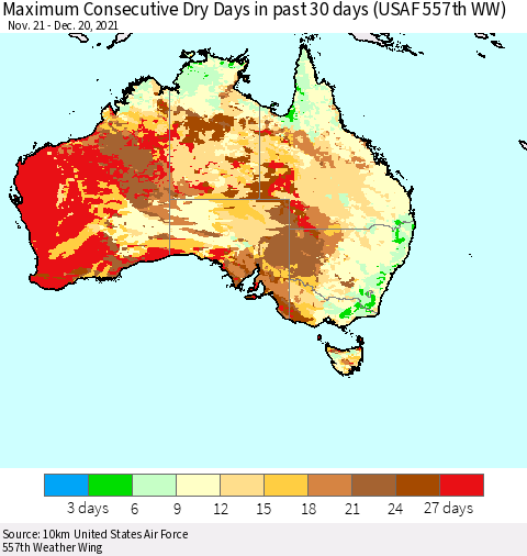 Australia Maximum Consecutive Dry Days in past 30 days (USAF 557th WW) 12/20/2021 Thematic Map For 12/16/2021 - 12/20/2021