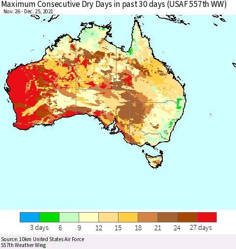Australia Maximum Consecutive Dry Days in past 30 days (USAF 557th WW) 12/25/2021 Thematic Map For 12/21/2021 - 12/25/2021