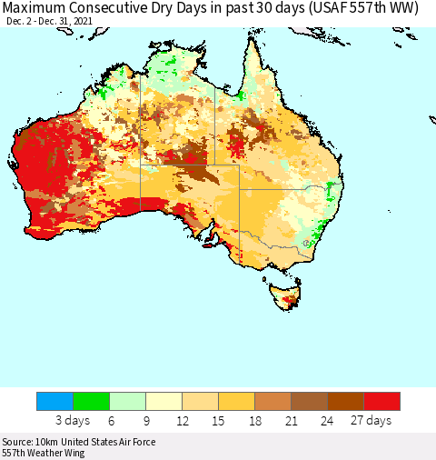 Australia Maximum Consecutive Dry Days in past 30 days (USAF 557th WW) 12/31/2021 Thematic Map For 12/26/2021 - 12/31/2021