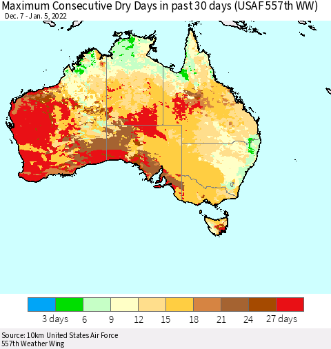 Australia Maximum Consecutive Dry Days in past 30 days (USAF 557th WW) 01/05/2022 Thematic Map For 1/1/2022 - 1/5/2022