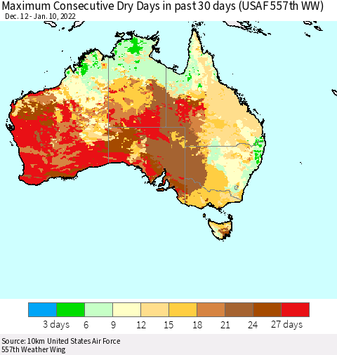 Australia Maximum Consecutive Dry Days in past 30 days (USAF 557th WW) 01/10/2022 Thematic Map For 1/6/2022 - 1/10/2022