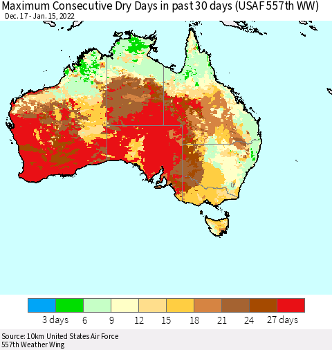 Australia Maximum Consecutive Dry Days in past 30 days (USAF 557th WW) 01/15/2022 Thematic Map For 1/11/2022 - 1/15/2022