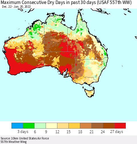 Australia Maximum Consecutive Dry Days in past 30 days (USAF 557th WW) 01/20/2022 Thematic Map For 1/16/2022 - 1/20/2022