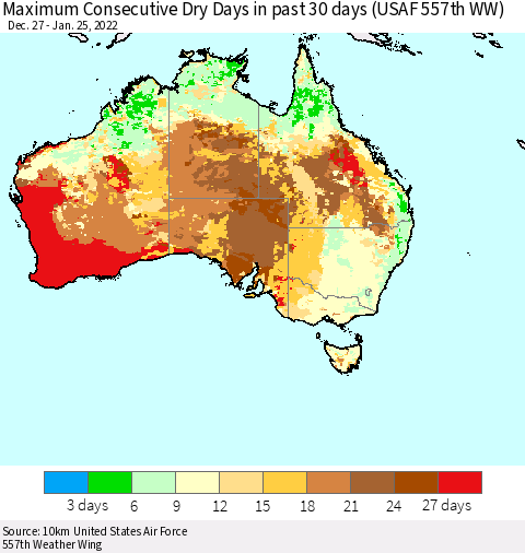 Australia Maximum Consecutive Dry Days in past 30 days (USAF 557th WW) 01/25/2022 Thematic Map For 1/21/2022 - 1/25/2022