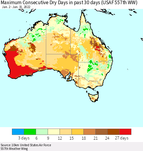 Australia Maximum Consecutive Dry Days in past 30 days (USAF 557th WW) 01/31/2022 Thematic Map For 1/26/2022 - 1/31/2022