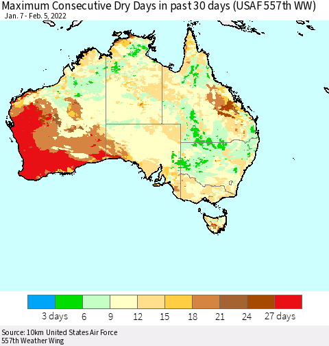 Australia Maximum Consecutive Dry Days in past 30 days (USAF 557th WW) 02/05/2022 Thematic Map For 2/1/2022 - 2/5/2022