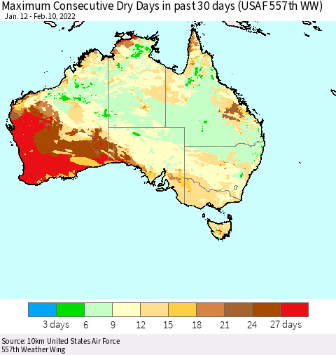 Australia Maximum Consecutive Dry Days in past 30 days (USAF 557th WW) 02/10/2022 Thematic Map For 2/6/2022 - 2/10/2022