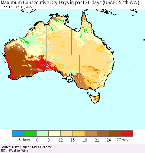 Australia Maximum Consecutive Dry Days in past 30 days (USAF 557th WW) 02/15/2022 Thematic Map For 2/11/2022 - 2/15/2022