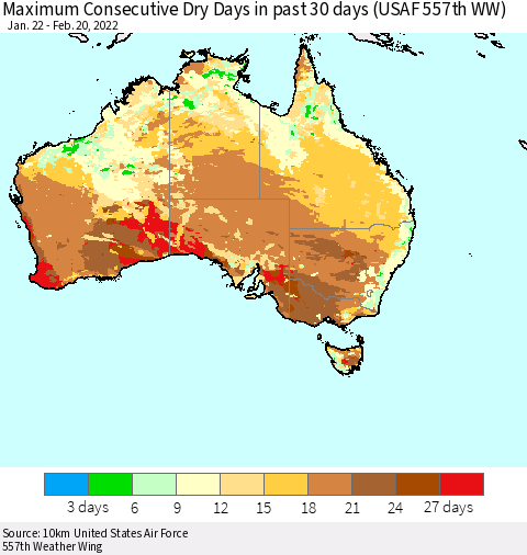 Australia Maximum Consecutive Dry Days in past 30 days (USAF 557th WW) 02/20/2022 Thematic Map For 2/16/2022 - 2/20/2022
