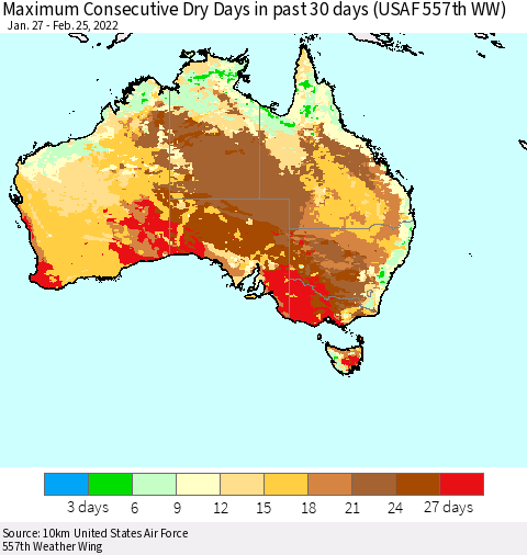 Australia Maximum Consecutive Dry Days in past 30 days (USAF 557th WW) 02/25/2022 Thematic Map For 2/21/2022 - 2/25/2022