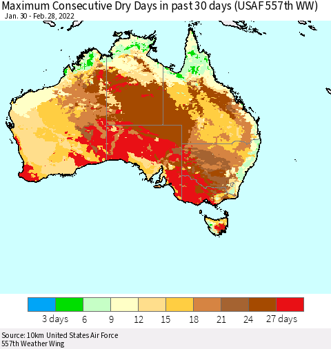 Australia Maximum Consecutive Dry Days in past 30 days (USAF 557th WW) 02/28/2022 Thematic Map For 2/26/2022 - 2/28/2022