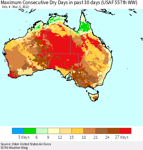 Australia Maximum Consecutive Dry Days in past 30 days (USAF 557th WW) 03/05/2022 Thematic Map For 3/1/2022 - 3/5/2022