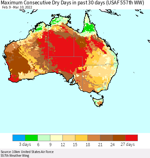 Australia Maximum Consecutive Dry Days in past 30 days (USAF 557th WW) 03/10/2022 Thematic Map For 3/6/2022 - 3/10/2022
