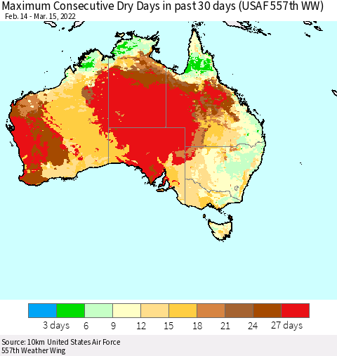 Australia Maximum Consecutive Dry Days in past 30 days (USAF 557th WW) 03/15/2022 Thematic Map For 3/11/2022 - 3/15/2022