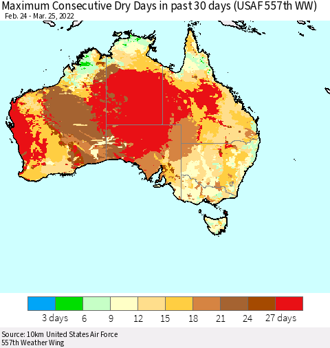 Australia Maximum Consecutive Dry Days in past 30 days (USAF 557th WW) 03/25/2022 Thematic Map For 3/21/2022 - 3/25/2022
