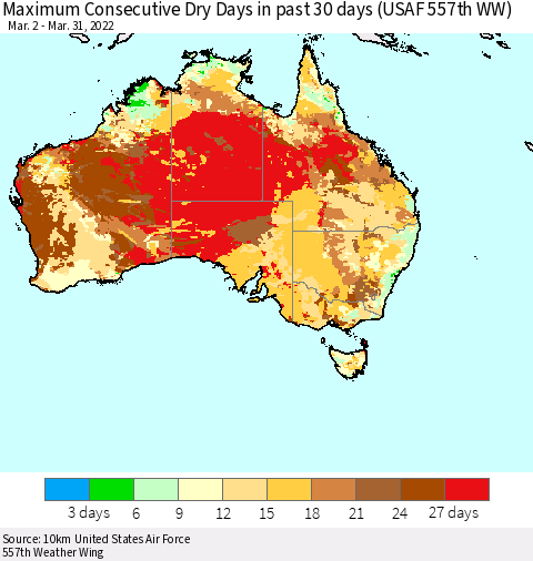 Australia Maximum Consecutive Dry Days in past 30 days (USAF 557th WW) 03/31/2022 Thematic Map For 3/26/2022 - 3/31/2022