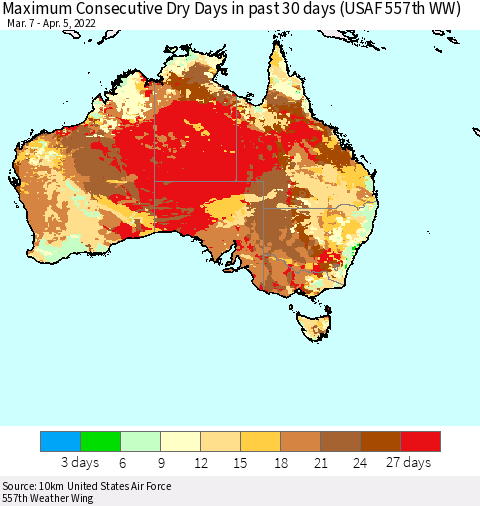Australia Maximum Consecutive Dry Days in past 30 days (USAF 557th WW) 04/05/2022 Thematic Map For 4/1/2022 - 4/5/2022