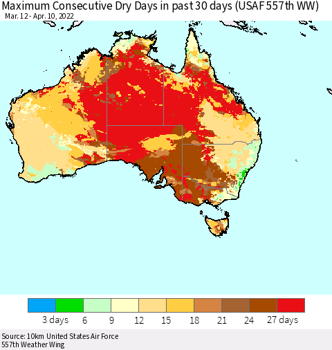 Australia Maximum Consecutive Dry Days in past 30 days (USAF 557th WW) 04/10/2022 Thematic Map For 4/6/2022 - 4/10/2022