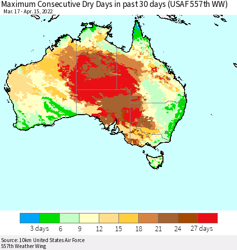 Australia Maximum Consecutive Dry Days in past 30 days (USAF 557th WW) 04/15/2022 Thematic Map For 4/11/2022 - 4/15/2022