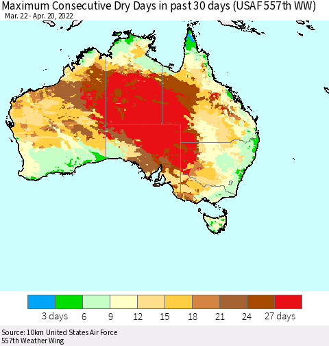Australia Maximum Consecutive Dry Days in past 30 days (USAF 557th WW) 04/20/2022 Thematic Map For 4/16/2022 - 4/20/2022