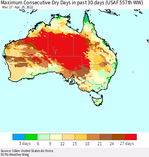 Australia Maximum Consecutive Dry Days in past 30 days (USAF 557th WW) 04/25/2022 Thematic Map For 4/21/2022 - 4/25/2022