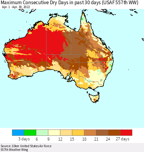 Australia Maximum Consecutive Dry Days in past 30 days (USAF 557th WW) 04/30/2022 Thematic Map For 4/26/2022 - 4/30/2022