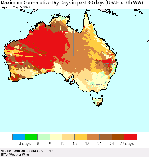 Australia Maximum Consecutive Dry Days in past 30 days (USAF 557th WW) 05/05/2022 Thematic Map For 5/1/2022 - 5/5/2022