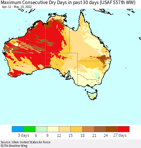 Australia Maximum Consecutive Dry Days in past 30 days (USAF 557th WW) 05/10/2022 Thematic Map For 5/6/2022 - 5/10/2022