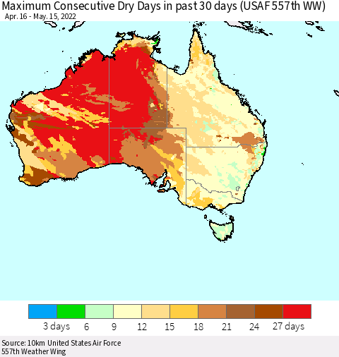 Australia Maximum Consecutive Dry Days in past 30 days (USAF 557th WW) 05/15/2022 Thematic Map For 5/11/2022 - 5/15/2022