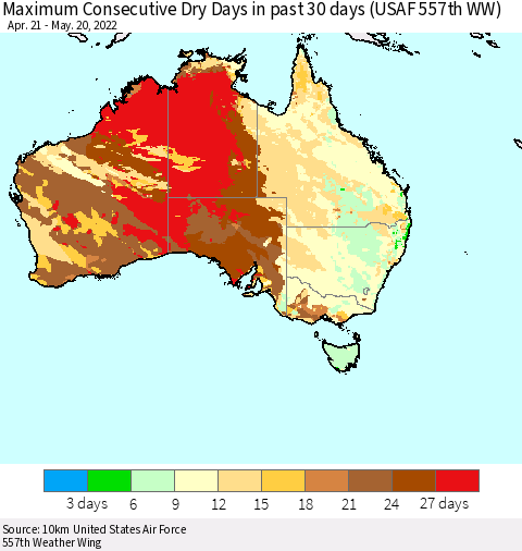 Australia Maximum Consecutive Dry Days in past 30 days (USAF 557th WW) 05/20/2022 Thematic Map For 5/16/2022 - 5/20/2022