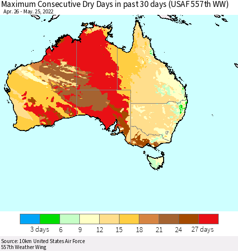Australia Maximum Consecutive Dry Days in past 30 days (USAF 557th WW) 05/25/2022 Thematic Map For 5/21/2022 - 5/25/2022