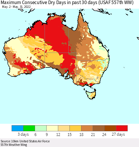 Australia Maximum Consecutive Dry Days in past 30 days (USAF 557th WW) 05/31/2022 Thematic Map For 5/26/2022 - 5/31/2022