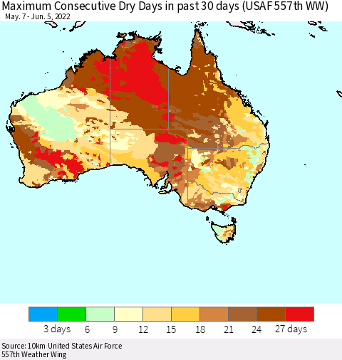 Australia Maximum Consecutive Dry Days in past 30 days (USAF 557th WW) 06/05/2022 Thematic Map For 6/1/2022 - 6/5/2022