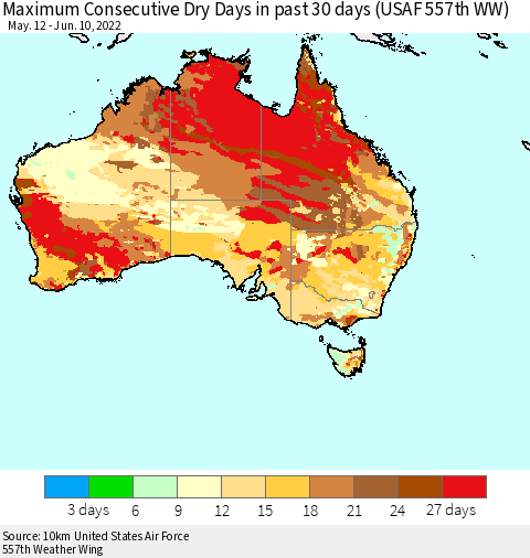 Australia Maximum Consecutive Dry Days in past 30 days (USAF 557th WW) 06/10/2022 Thematic Map For 6/6/2022 - 6/10/2022