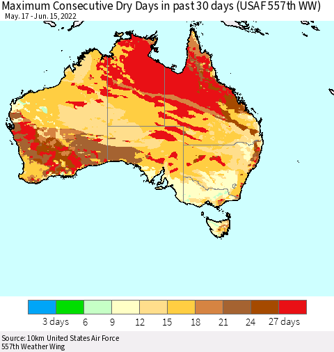 Australia Maximum Consecutive Dry Days in past 30 days (USAF 557th WW) 06/15/2022 Thematic Map For 6/11/2022 - 6/15/2022