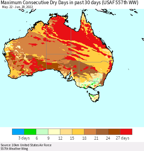 Australia Maximum Consecutive Dry Days in past 30 days (USAF 557th WW) 06/20/2022 Thematic Map For 6/16/2022 - 6/20/2022