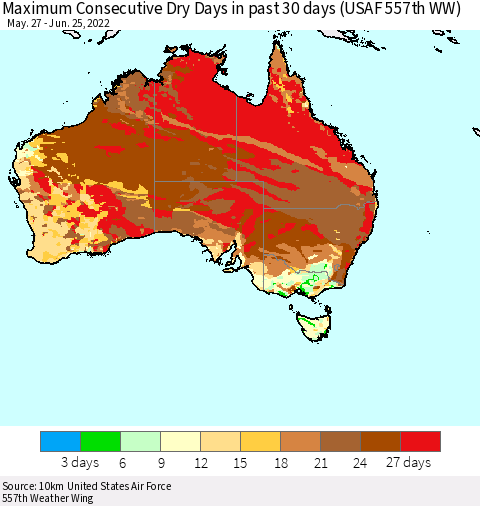Australia Maximum Consecutive Dry Days in past 30 days (USAF 557th WW) 06/25/2022 Thematic Map For 6/21/2022 - 6/25/2022